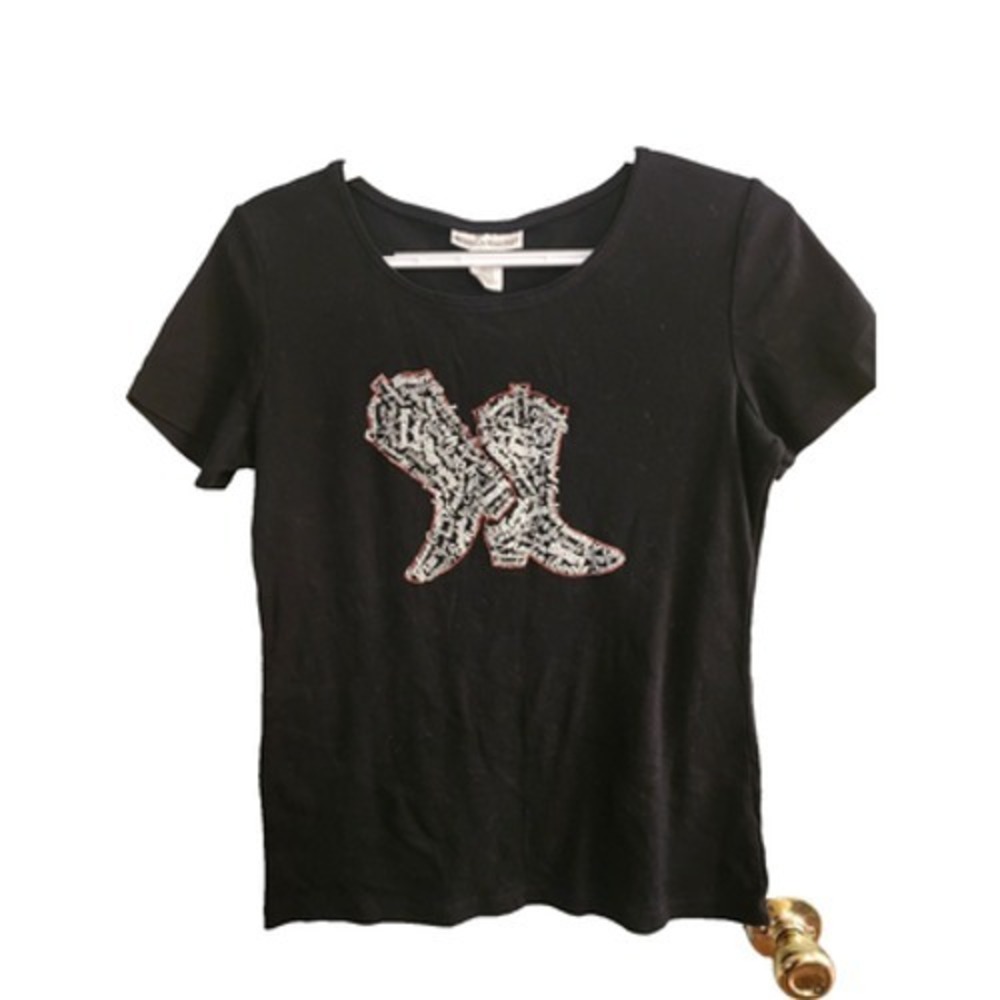 Ladies Black Western Boots Design Rebecca Malone Top Sz Small Short Sleeve‎